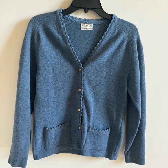 Vintage Ladies 36 Blue 2 Piece Classic Sweater Set Lambs Wool Mix Tank Cardigan - Picture 4 of 16